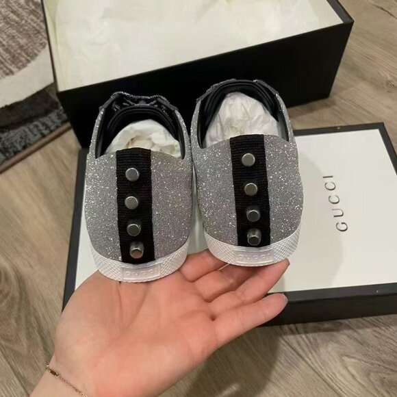 NIB Authentic Gucci Metallic Silver Glitter Bambi Web Detail Studded sneaker - Picture 4 of 5